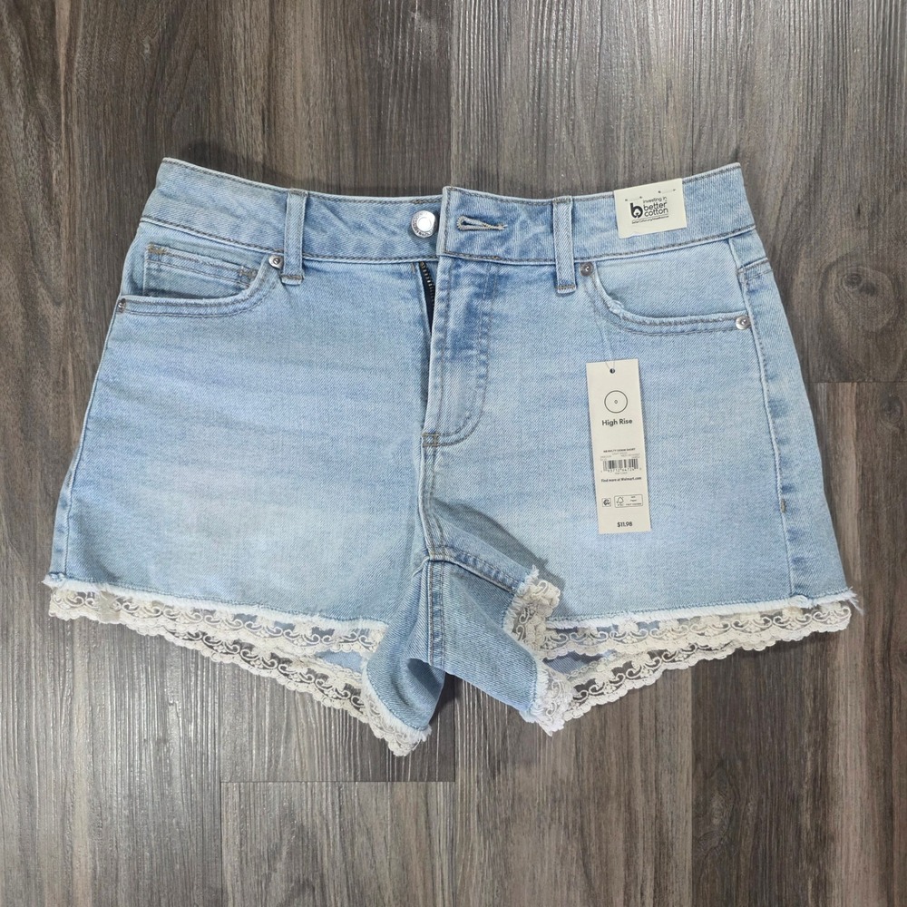 No Boundaries Womens High Rise Lace Trim Denim Shorts Light Wash Blue Size 0 NEW
